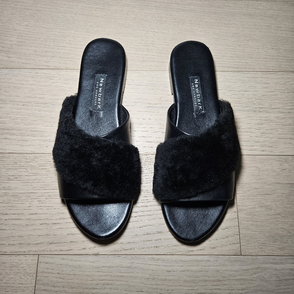 Newbark Women's Size 10 Yasmin Leather Shearling Slide Flat Sandal Black - Picture 4 of 11